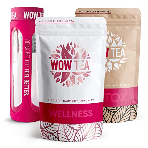 WOW TEA Reinigingsset: Detox 21 dagen thee   Vetverbrandende thee voor gewichtsverlies   Beste biologische kruidenthee voor detox en gewichtsbeheersing   Zetgroepfles   300g, Made in EU (Detox & Wellness, Roze Fles)