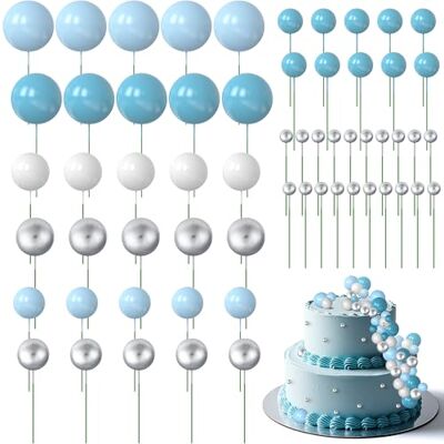 Elalove 60 stuks taartdecoratieballen, blauw, zilver, wit, cupcake-decoratie, taartpops, verjaardagstaart, herbruikbaar en geschikt voor levensmiddelen Elalove 60 stuks taartdecoratieballen, blauw, zilver, wit, cupcake-decoratie, taartpops, verjaardagstaart, herbruikbaar en geschikt voor levensmiddelen
