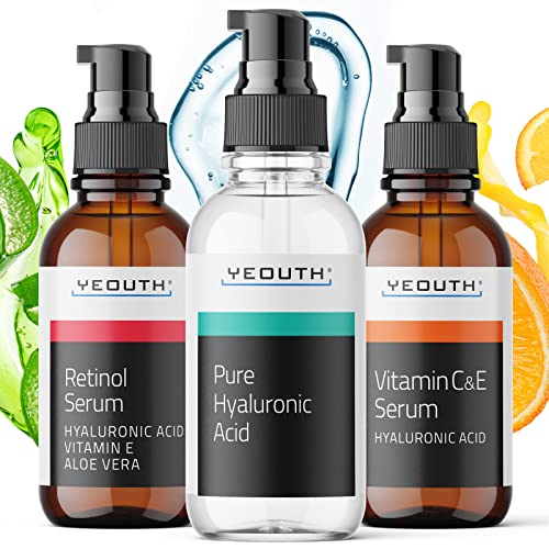 YEOUTH Retinol Serum voor Gezicht, Hyaluronzuur Serum, Vitamine C Serum voor Gezicht, Hydraterende Anti Aging Serum 3x1 fl oz