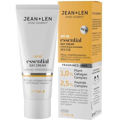 Jean & Len Essential Day Cream, vegan, 50 ml Optimaliseert de huidstevigheid met SPF 30 en plantaardig collageen, voor elk huidtype, parfumvrij Jean & Len Essential Day Cream, vegan, 50 ml Optimaliseert de huidstevigheid met SPF 30 en plantaardig collageen, voor elk huidtype, parfumvrij
