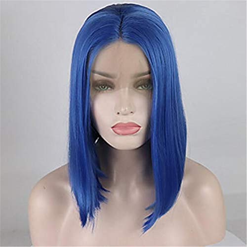 Wigs Pruik met synthetische lace front Natuurlijke rechte middelste deel 150% dichtheid verstelbaar synthetisch haar hittebestendige dames korte lace front meer blauwe pruik,16 inches