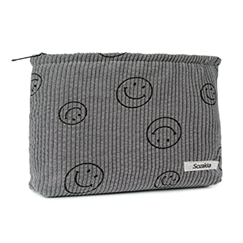 Aucuu Corduroy Smile Face Cosmetische Tas Corduroy Cosmetische Esthetische Pouch Glimlach Gezicht Esthetische Preppy Cosmetische Tas Corduroy Mode Cosmetische Tas Reizen Glimlach Bag, Vrouwen Meisjes, Grijs, 26*24*1.8 cm, 1 EU