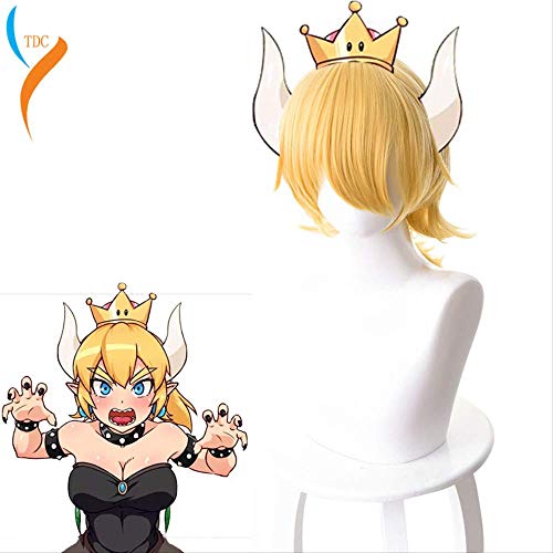 XINYIYI New Fashiion Princess Bowsette Cosplay Wig Gold Pigtail Super Mario Peach Koopa Bowser Role Playing Adult Synthetic Hair