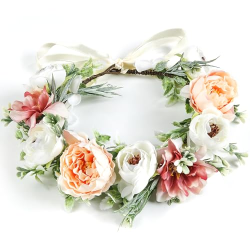 Euakee bloemenkroon, bloemenkrans voor dames, boho haarsieraad, bloemen, haarkrans met band, bloemen, haarbanden, bloemenkrans voor verjaardag, festival, bruiloft, meisjes (roze)