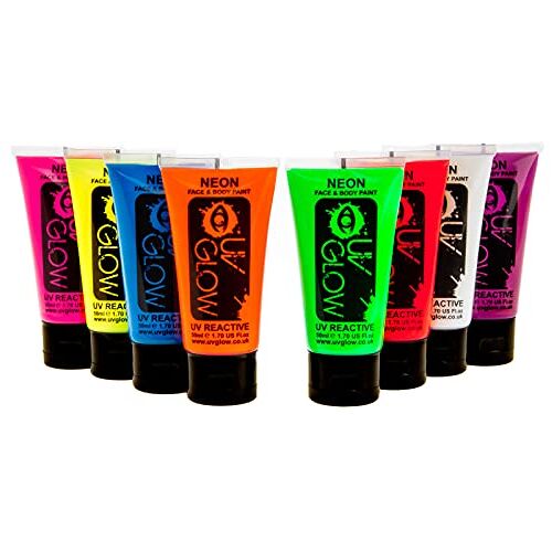 UV Glow 8 x 50 ml, uv-bodypaint, lichaamsverf, blacklight, fluorescerende schmink, bodypainting, neonkleuren, fluorescerende kleuren