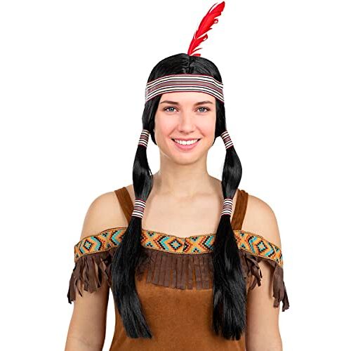 Funidelia Indiaanse pruik met vlechten voor vrouwen en mannen Indianen, Cowboys, Western Accessoires voor Volwassenen, kostuum accesoires Zwart