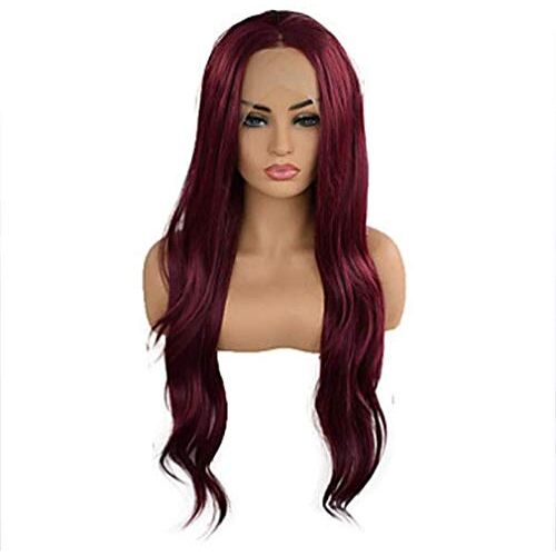 Wigs Pruiken van Synthetisch Haar Voor Natuurlijke Golf Stijl Middelste Kanten Voorkant Pruik Donkerrood Synthetisch haar Dames Cosplay Hittebestendige Synthetische Bordeaux Pruiken,18 inches