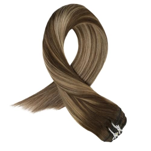 ALOEU Clip-in haarverlengingen, echt haar, zijdeachtige gladde haarverlenging, blonde haarverlenging (kleur: 4-27-4, maat: 61 cm_) = 45%_120 g/set