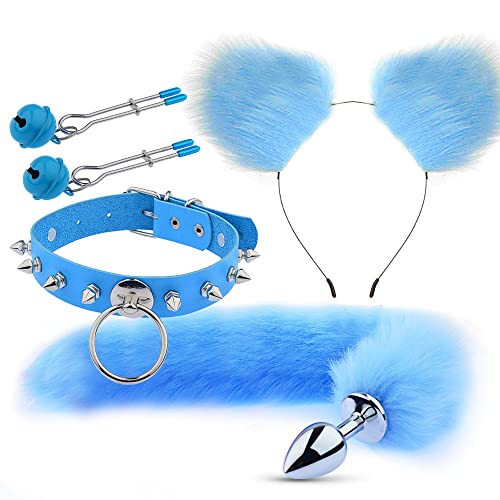 CIONIC Anaal Plug Staart Anale Plug Oren Hoofdbanden Set Volwassen Spelletjes Clip Hals Kraag Erotische Cosplay Seksspeeltjes Paar (Blauw)