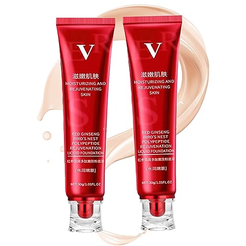 DOHV FV Foundation Waterproof Red Foundation FV Red Ginseng and Bird's Nest Peptide Skin Nourishing Foundation Red Ginseng Liquid Foundation 1 oz (Lvory+Natural)