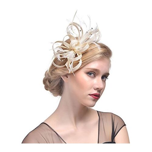 Amorar Fascinator haarclip voor dames, banket, hoed, hoofdband, veer, bloem, sluier, bowler, bruid, hoed voor cocktails, bruiloft, wegwerpverpakking, beige, Eén maat