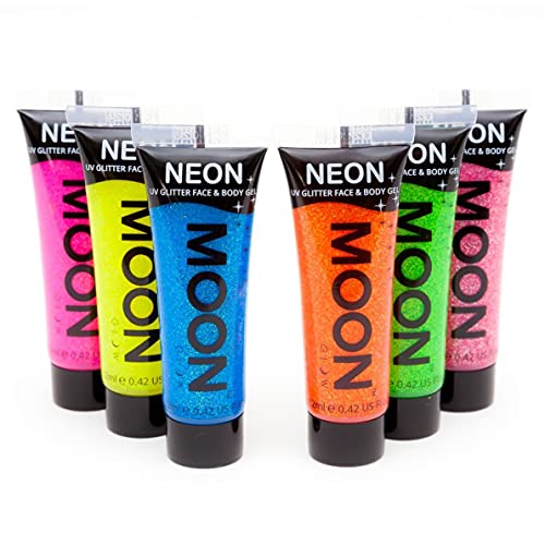 Moon Glow Neon 6 x 12 ml UV Glitter Gel Bodypaint lichaamsverf blacklight fluorescerende schmink bodypainting neon kleuren lichtgevende kleuren