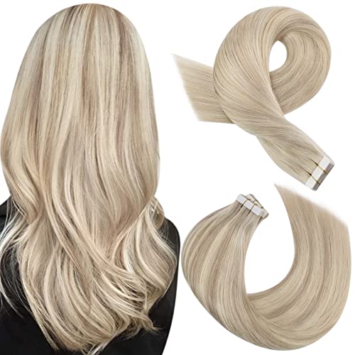 Moresoo Blond Tape in Extensies Menselijk Haar 55 cm Tape in Echt Haar Extensies Asblond met Platinablond Menselijk Haar Extensies Tape in 20 Stuks/50g #P18/613