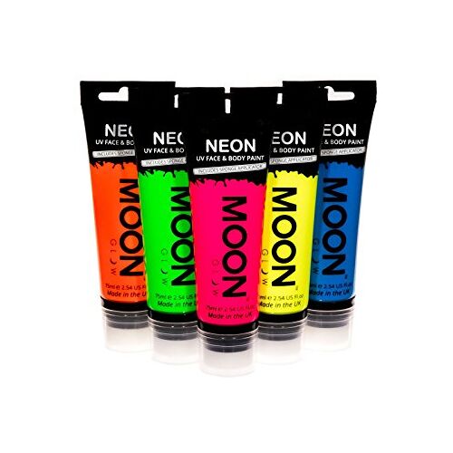 Moon Glow Grote 75 ml set met 5 kleuren UV-bodypaint lichaamsverf blacklight fluorescerende make-up bodypainting neonkleuren lichtgevende kleuren met sponsapplicator