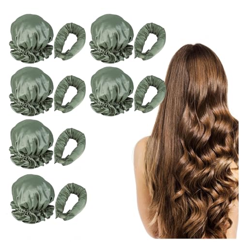 MeLtor 12 stuks geen warmte krullen 's nachts, nieuwe satijnen haarrollers met haarcaps 6 set, hitteloze krulset, geen warmte krullen om 's nachts te slapen, groen