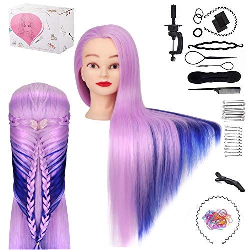 TwoWin Trainingskoppen, 100% kunsthaar, 65 cm, haardressing, cosmetologie, mannequin, oefenhoofd met houder + doe-het-zelf haaraccessoires, styling (lichtpaars + marineblauw)