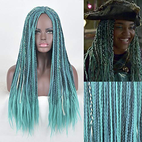 EQWR Wig for Afstammelingen 2 Uma cosplay pruik lange afro vlechten krullend staart blauw haar vrouwen pruiken + Gratis Pruik Cap