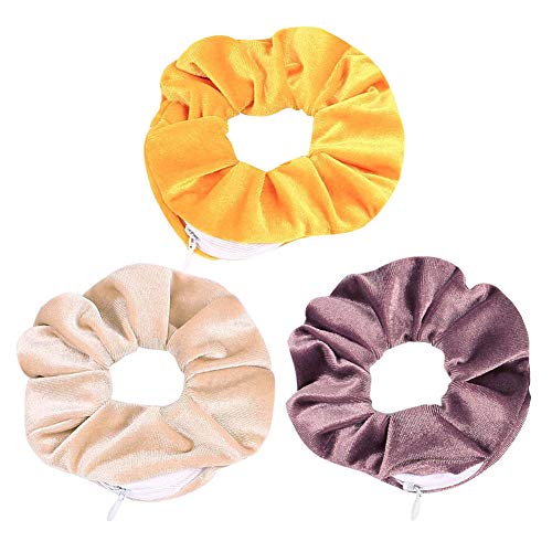 juanxian Fluwelen haarelastieken voor meisjes & vrouwen originele verborgen zak Scrunchie met ritsvak opslag voor accessoires, kleine voorwerpen, sleutels, geld (3-pack, A)