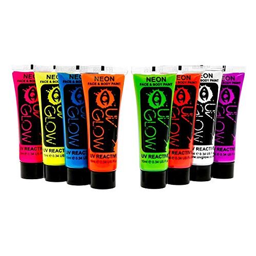 UV Glow 8 x 10 ml UV-bodypaint lichaamsverf zwart licht fluorescerende schmink bodypainting neon kleuren lichtkleuren