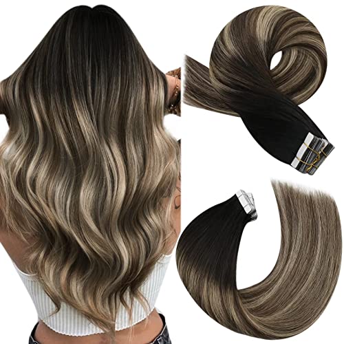 Moresoo Tape in Extensies Echt Menselijk Haar 35 cm Onzichtbare Tape in Haarextensies Menselijk Haar Zwart tot Donkerbruin met Karamelblond Menselijk Haar Extensies Tape in 20 Stuks/50g #1B/3/27