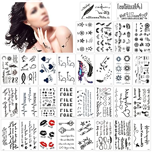 Konsait Zwarte tijdelijke tatoeages voor vrouwen dames, tatoeages volwassenen, neppatoeages, gezicht, hals, arm, tatoeages, stickers, zelfklevende tatoeages voor volwassenen, 30 vellen