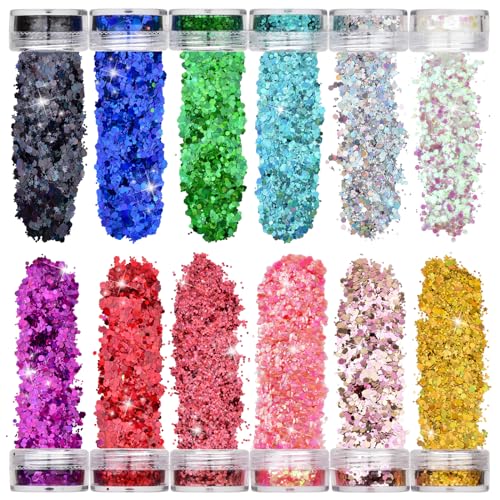 LVZONGXIN Glitter gezicht, 12 kleuren, 60 ml, body glitter, festival, lichaamsglitter, glitterpoeder, paillettenset voor gezicht, nagels, ogen, haar, maskerade, party, make-up, glitter, doe-het-zelf