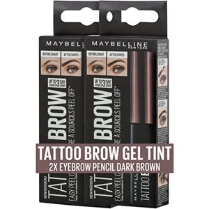 MAYBELLINE New York Wenkbrauwverf in dubbelverpakking, Tattoo Brow Gel Tint, met peel-off-formule, nr. 3 Dark Brown, 2 x 5 ml MAYBELLINE New York Wenkbrauwverf in dubbelverpakking, Tattoo Brow Gel Tint, met peel-off-formule, nr. 3 Dark Brown, 2 x 5 ml