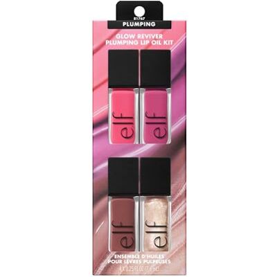 e.l.f. Glow Reviver Plumping Lip Oil Kit, voedende, getinte lipolie voor een hoogglanzende finish, verrijkt met jojoba-olie, veganistisch en dierproefvrij, 4 tinten e.l.f. Glow Reviver Plumping Lip Oil Kit, voedende, getinte lipolie voor een hoogglanzende finish, verrijkt met jojoba-olie, veganistisch en dierproefvrij, 4 tinten