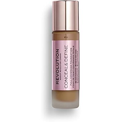 Makeup Revolution Revolution Beauty, Conceal en Define Foundation, Lichtgewicht, Langhoudend, Volledige Dekking Gezichtsmake-up, F13 Makeup Revolution Revolution Beauty, Conceal en Define Foundation, Lichtgewicht, Langhoudend, Volledige Dekking Gezichtsmake-up, F13