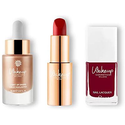 Wakeup Cosmetics Milano Wakeup Cosmetics Set van 3 producten, 1 x vloeibaar highlight (goud champagne), 1 x romige lippenstift (Perfect Ruby), 1 x nagellak (kaneel) Wakeup Cosmetics Milano Wakeup Cosmetics Set van 3 producten, 1 x vloeibaar highlight (goud champagne), 1 x romige lippenstift (Perfect Ruby), 1 x nagellak (kaneel)