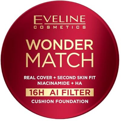 EVELINE COSMETICS Wonder Match Cushion Foundation, compacte make-up voor volledige dekking en tweede huidgloed, 16 uur langdurige afwerking met niacinamide, veganistisch EVELINE COSMETICS Wonder Match Cushion Foundation, compacte make-up voor volledige dekking en tweede huidgloed, 16 uur langdurige afwerking met niacinamide, veganistisch
