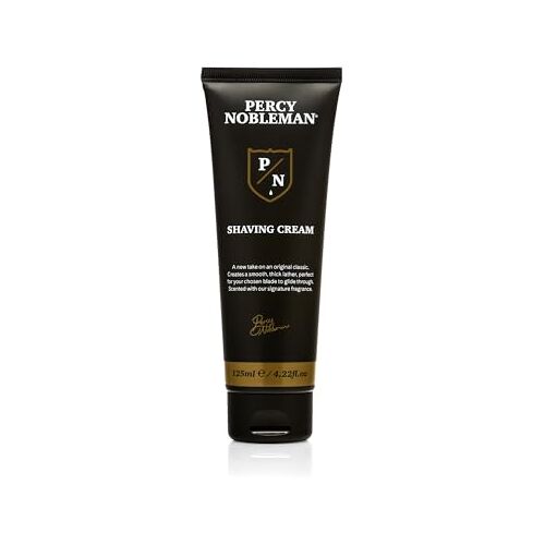 Percy Nobleman Scheercrème: Premium kwaliteit, luxueuze schuimlaag. Kenmerkend aroma: Amber, Tabak, Muskus, Vanille. Vegan & dierenleedvrij. 125 ml.