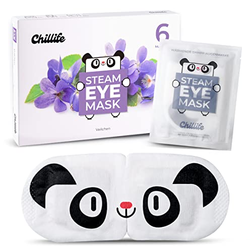 Chillife 6 oogmaskers met viooltjesgeur, verwarmend oogmasker voor ontspanning, spa, wellness, helpt bij droge, gezwollen ogen en donkere kringen, Steam Eye Mask met panda-design