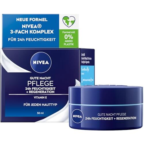 NIVEA Goede nachtverzorging 24 uur vocht + regeneratie (50 ml), lichte nachtverzorging voor intensieve vocht, nachtcrème met vitamine E, provitamine B5 en waterlelie-extract