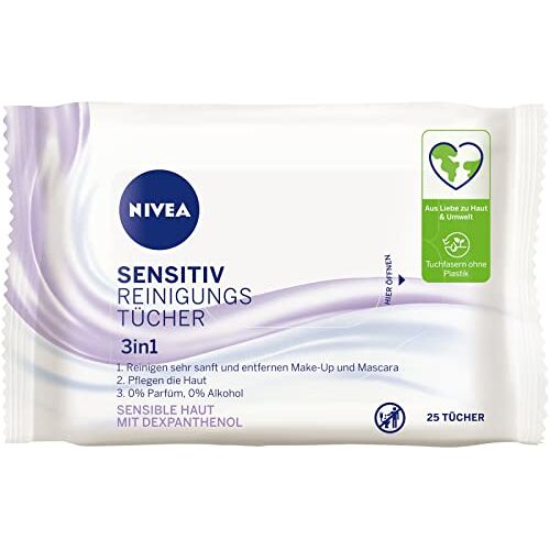 NIVEA 3-in-1 Sensitive reinigingsdoekjes (25 stuks), milde gezichtsreinigingsdoekjes met dexpanthenol, zachte make-updoekjes voor de gevoelige huid