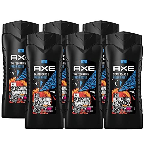 Axe 3-in-1 douchegel shampoo skateboard & Fresh Roses XL douchegel 6x 400 ml heren bodywash douchegel (in set van 6)