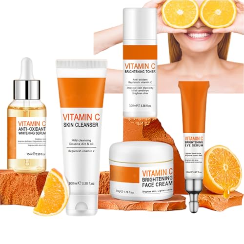 URWEIGH Schoonheidshuidverzorgingsset, Vitamine C-huidverzorgingsset, 5-in-1 Huidverzorgingscadeauset Met Reiniger, Met Gezichtscrème/serum/toner/oogcrème/reiniger, Huidverzorgingsproducten Voor Tienermeisjes