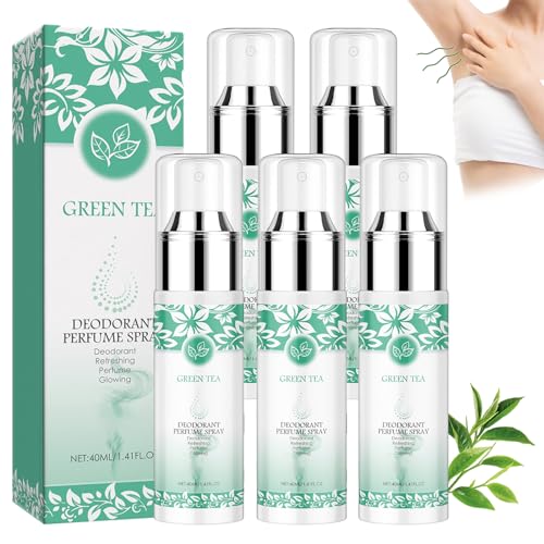 BIUBIULOVE Groene Thee Okseldeodorantspray,groene Thee Natuurlijke Deodorantspray,aluminiumvrije Natuurlijke Deodorant,deodorantspray Voor Het Hele Lichaam,48 Uur Anti-transpirant Deodorant (5 stuks)