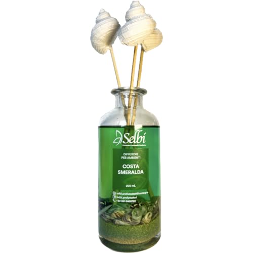 Selbi Costa Smeralda-stijl handgemaakte kamerparfumeur 200 ml, frisse en intense geur, diffuser met rotanstokjes en gipsen schelpen