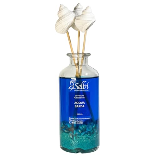 Selbi Ambachtelijke Sardijnse waterparfumeur 200 ml, mariene en frisse geur, diffuser met rotanstokjes en gipsen schelpen