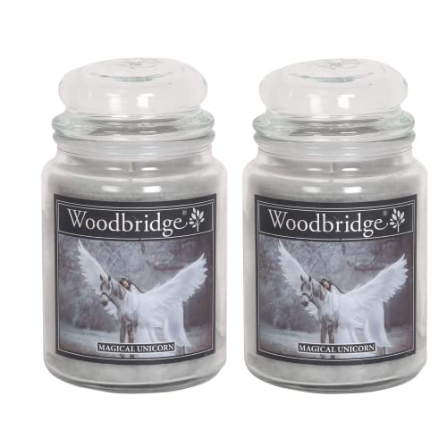 Woodbridge Geurkaars in glas met deksel, set van 2 magische eenhoorn, geurkaarsen, patchouli, lange brandduur (130 uur), grote geurkaarsen, grijs, 565 g