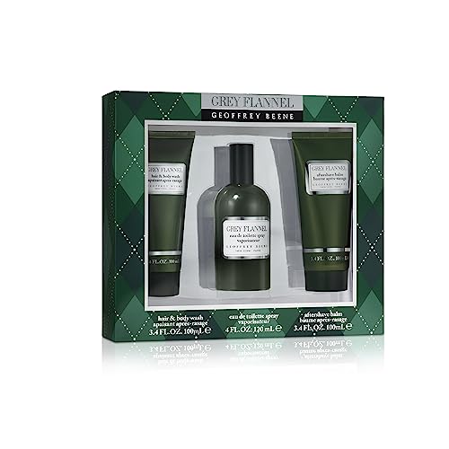 GEOFFREY BEENE , Trio Grey Flannel Eau de toilette verstuiver voor heren, aftershave douchegel, houtachtige en oosterse geur, unieke groene cypru-geur