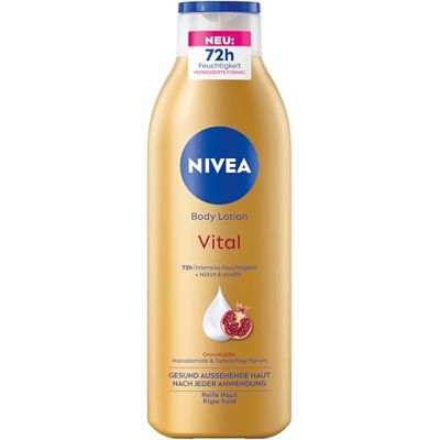NIVEA Body Lotion Vital, voedende lichaamscrème voor rijpe huid met granaatappel, macadamia-olie & dieptereinigingsserum, huidcrème voor 72 uur intensieve vochtigheid (250 ml) NIVEA Body Lotion Vital, voedende lichaamscrème voor rijpe huid met granaatappel, macadamia-olie & dieptereinigingsserum, huidcrème voor 72 uur intensieve vochtigheid (250 ml)