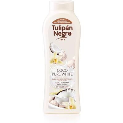 TULIPAN NEGRO Tulipan Black, bath gel Coco Pure White, Skin Extra Smooth, 650 ml Verzorgende en hydraterende douchegel met kokosgeur voor een zachte, verzorgde en geurende huid TULIPAN NEGRO Tulipan Black, bath gel Coco Pure White, Skin Extra Smooth, 650 ml Verzorgende en hydraterende douchegel met kokosgeur voor een zachte, verzorgde en geurende huid