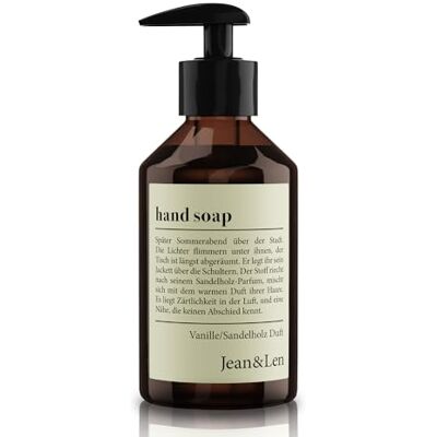 Jean & Len Handzeep Vanille en Sandelhout, reinigt belaste handen, geschikt voor dagelijks gebruik, vloeibare zeep met pomp, warme geur, vegan, 250 ml Jean & Len Handzeep Vanille en Sandelhout, reinigt belaste handen, geschikt voor dagelijks gebruik, vloeibare zeep met pomp, warme geur, vegan, 250 ml