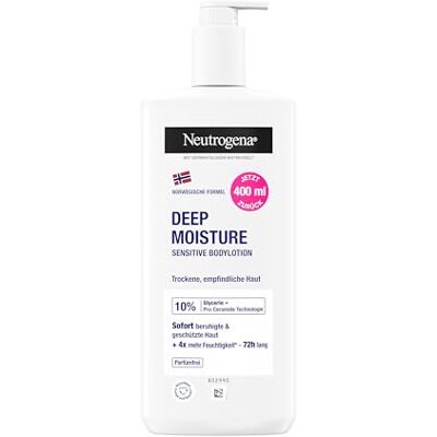 Neutrogena Noorse formule Deep Moisture Sensitive Bodylotion, 400 ml Bodylotion, bodylotion, voor droge, gevoelige huid met 10% glycerine + Pro-Ceramide technologie, parfumvrij Neutrogena Noorse formule Deep Moisture Sensitive Bodylotion, 400 ml Bodylotion, bodylotion, voor droge, gevoelige huid met 10% glycerine + Pro-Ceramide technologie, parfumvrij