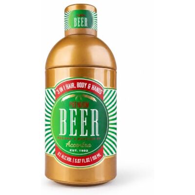 accentra 150 ml 3 in 1 douchegel PREMIUM BEER met blik Amberwood geur Vloeibare zeep voor handen, lichaam, haar, cadeauverpakking, groene goudlook, bierflacon thema, ludiek badkameraccent accentra 150 ml 3 in 1 douchegel PREMIUM BEER met blik Amberwood geur Vloeibare zeep voor handen, lichaam, haar, cadeauverpakking, groene goudlook, bierflacon thema, ludiek badkameraccent