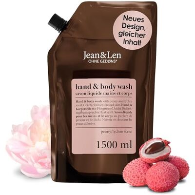 Jean & Len Hand & Body Wash pioenroos & lychee, vegan, 1,5L Reinigt en verzorgt de huid tijdens het wassen, bloemig-zachte geur, vloeibare zeep in navulzak, zonder parabenen & siliconen Jean & Len Hand & Body Wash pioenroos & lychee, vegan, 1,5L Reinigt en verzorgt de huid tijdens het wassen, bloemig-zachte geur, vloeibare zeep in navulzak, zonder parabenen & siliconen