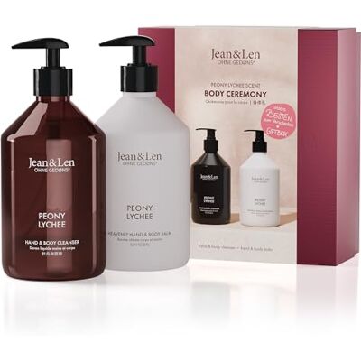 Jean & Len Body Ceremony Peony & Lychee cadeauset, vegan Met Hand & Body Cleanser en Hand & Body Balm, zacht-bloemige geur, FSC-gecertificeerde verpakking Jean & Len Body Ceremony Peony & Lychee cadeauset, vegan Met Hand & Body Cleanser en Hand & Body Balm, zacht-bloemige geur, FSC-gecertificeerde verpakking