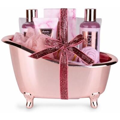 accentra COSY MOMENTS badset rosé geur Tea Rose & Velvet glanzend kuipje Verwenpakket, lichaamsverzorging, douchegel, handcrème, zeep, netspons, sierlijke houder, strikdetail, klaar om te geven accentra COSY MOMENTS badset rosé geur Tea Rose & Velvet glanzend kuipje Verwenpakket, lichaamsverzorging, douchegel, handcrème, zeep, netspons, sierlijke houder, strikdetail, klaar om te geven